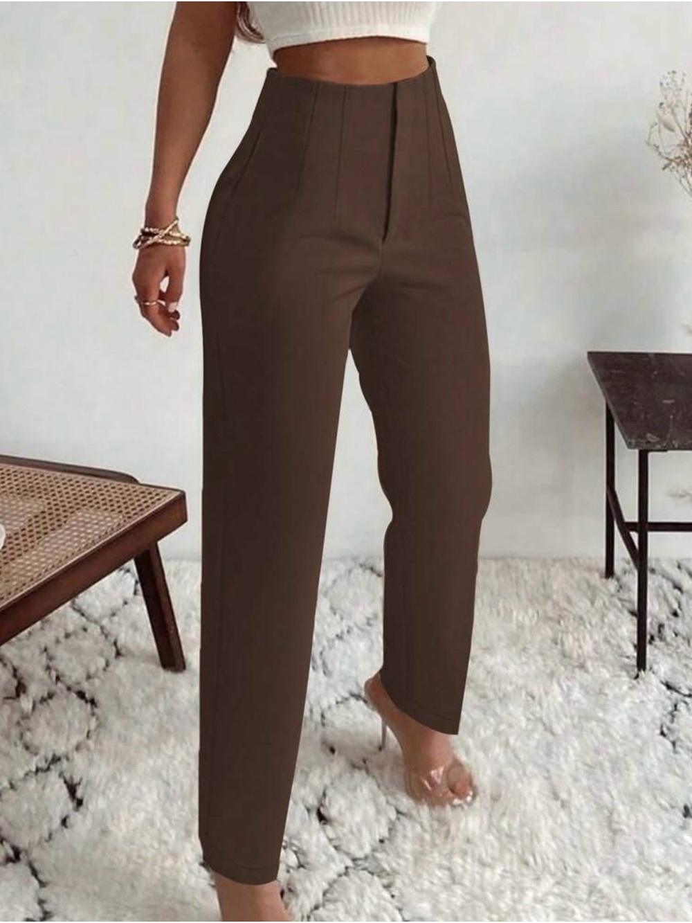 High-Waist Tailored Straight Leg Pants - Brown